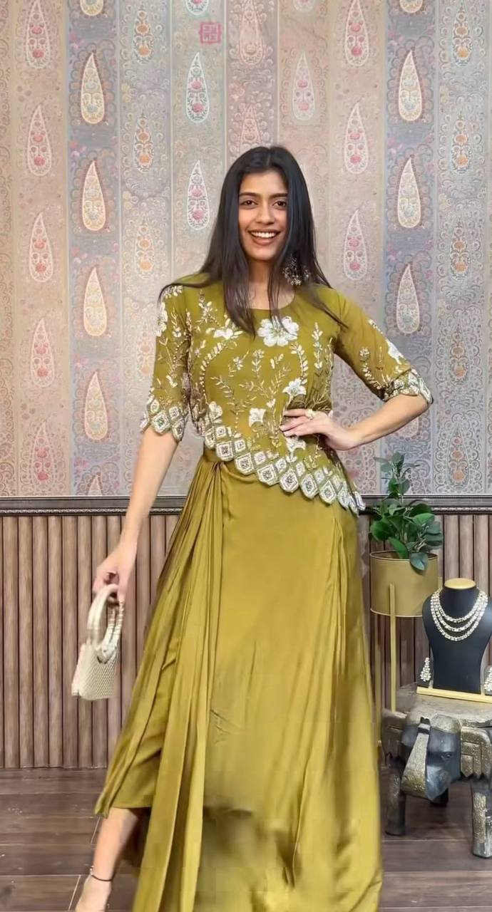 Moss Green Chinon Indo-Western Draped Dhoti with Embroidered Up & Down Top