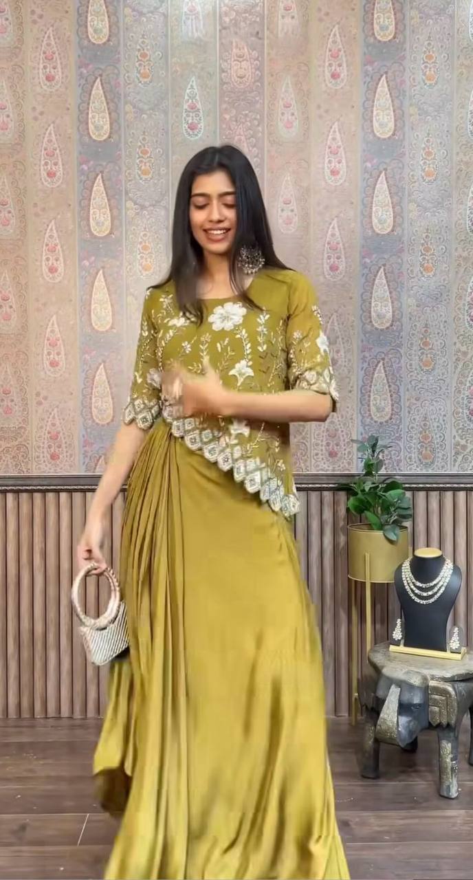 Moss Green Chinon Indo-Western Draped Dhoti with Embroidered Up & Down Top