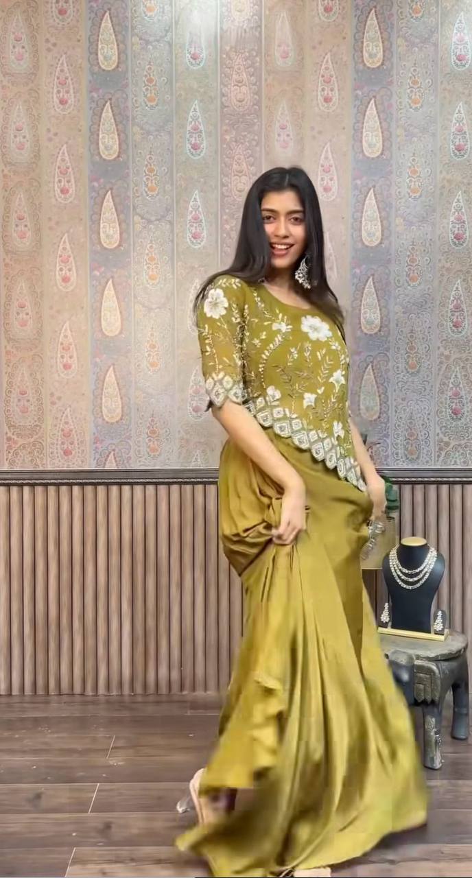Moss Green Chinon Indo-Western Draped Dhoti with Embroidered Up & Down Top