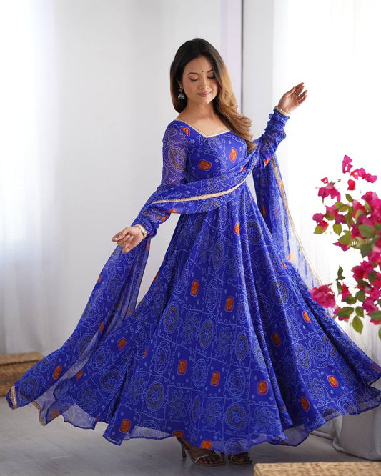 New Designer Bandhej Chiffon Anarkali with Dupatta and Matching Bottoms - Jaipuri Vastra