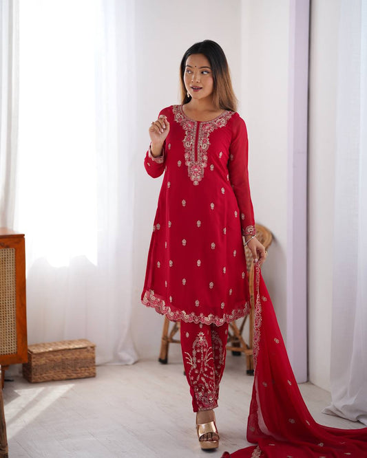 Elegant Faux Georgette Suit with All-Over Thread Embroidery and Matching Dupatta - Jaipuri Vastra