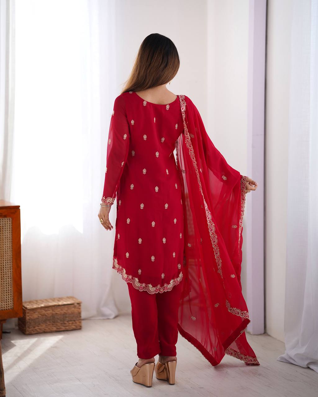 Elegant Faux Georgette Suit with All-Over Thread Embroidery and Matching Dupatta - Jaipuri Vastra