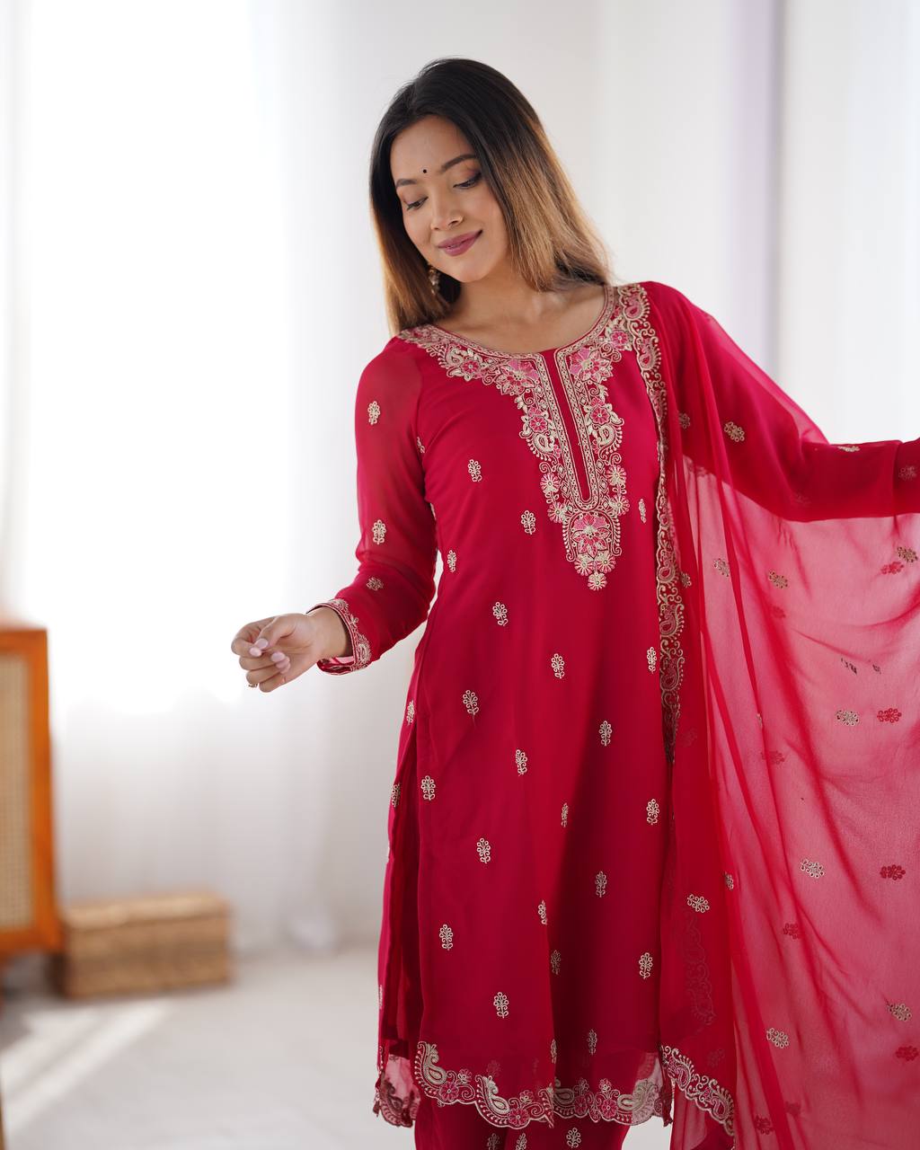 Elegant Faux Georgette Suit with All-Over Thread Embroidery and Matching Dupatta - Jaipuri Vastra