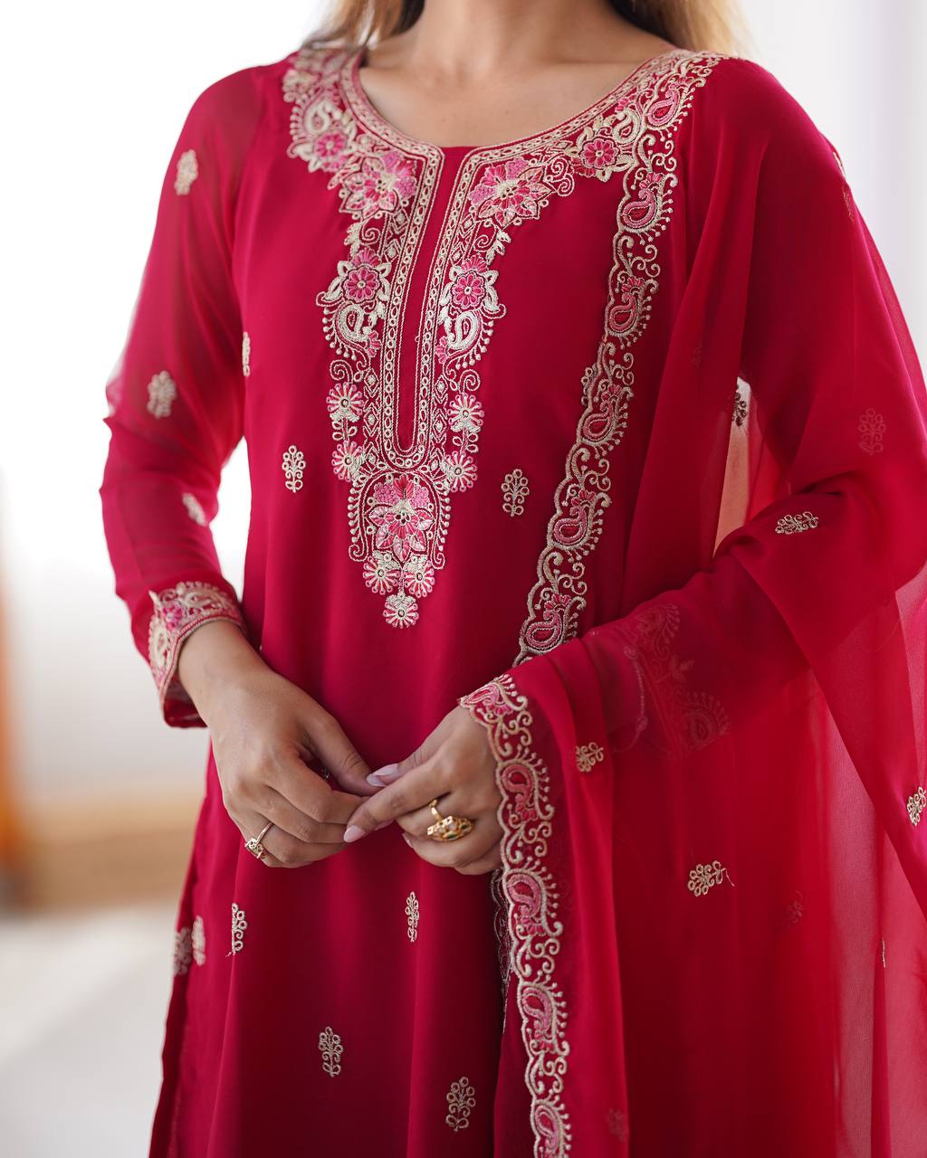 Elegant Faux Georgette Suit with All-Over Thread Embroidery and Matching Dupatta - Jaipuri Vastra