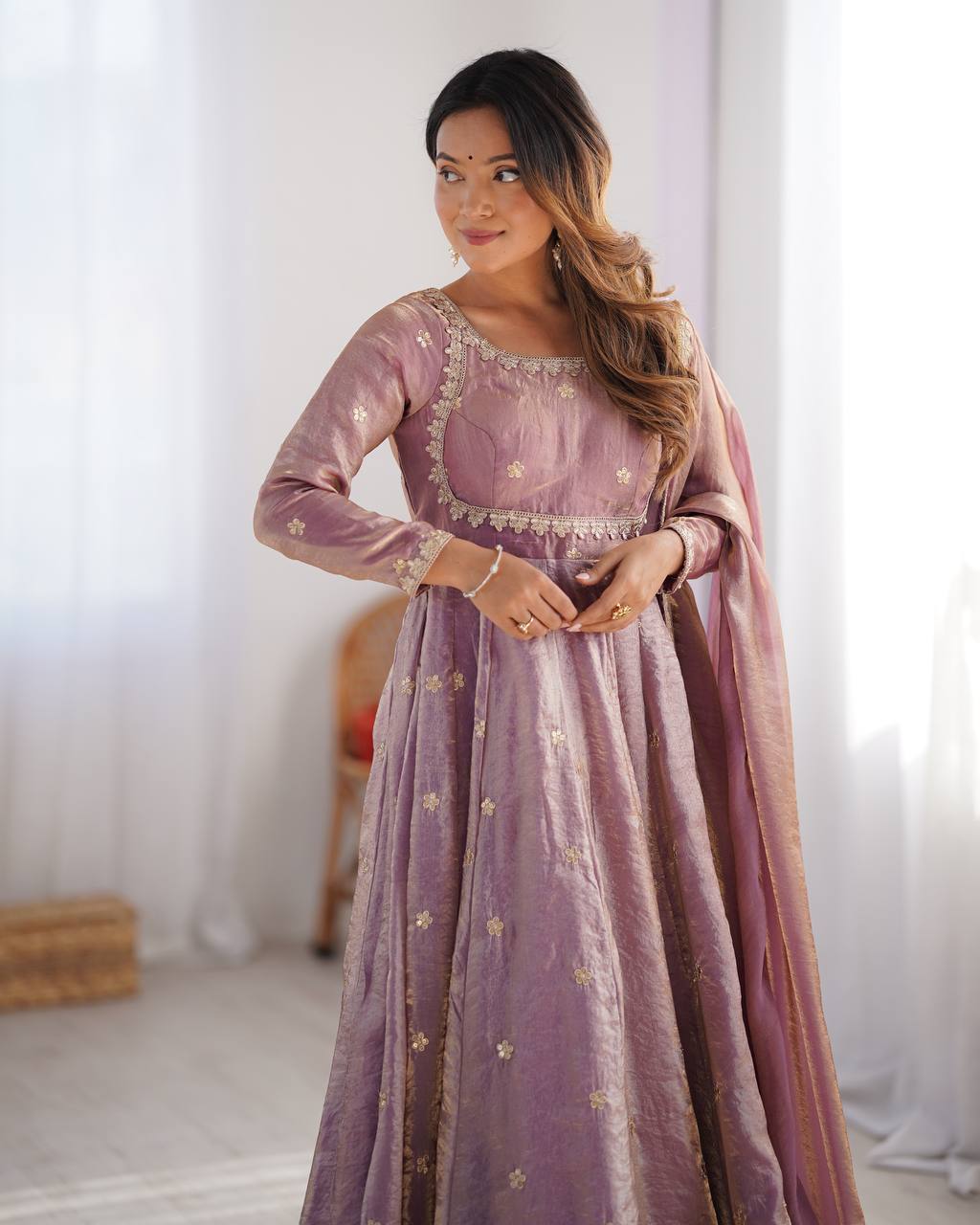 Elegant Fandy Silk Gown with Sequin Embroidery, Micro Pant and Matching Dupatta - Jaipuri Vastra