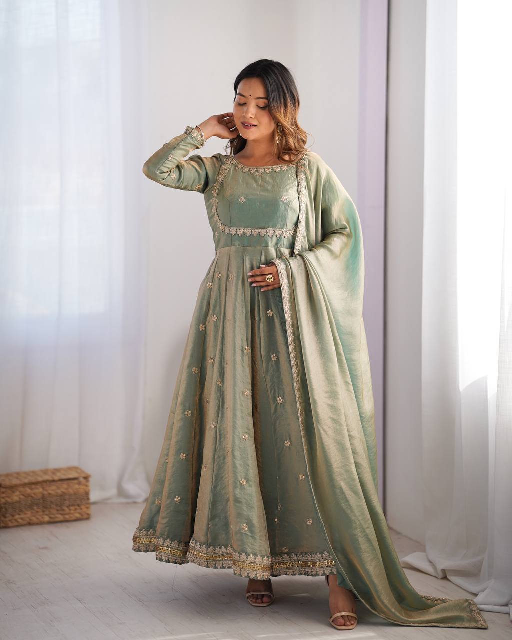 Elegant Fandy Silk Gown with Sequin Embroidery, Micro Pant and Matching Dupatta - Jaipuri Vastra