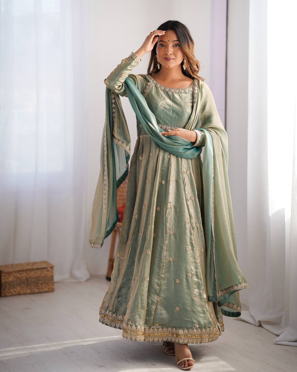 Elegant Fandy Silk Gown with Sequin Embroidery, Micro Pant and Matching Dupatta - Jaipuri Vastra