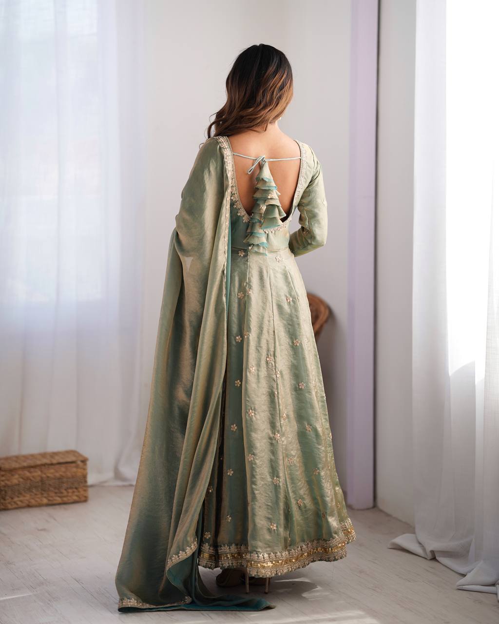Elegant Fandy Silk Gown with Sequin Embroidery, Micro Pant and Matching Dupatta - Jaipuri Vastra
