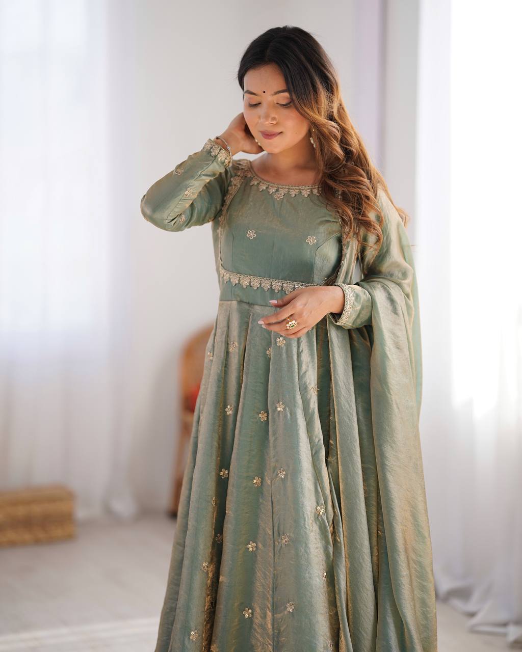 Elegant Fandy Silk Gown with Sequin Embroidery, Micro Pant and Matching Dupatta - Jaipuri Vastra