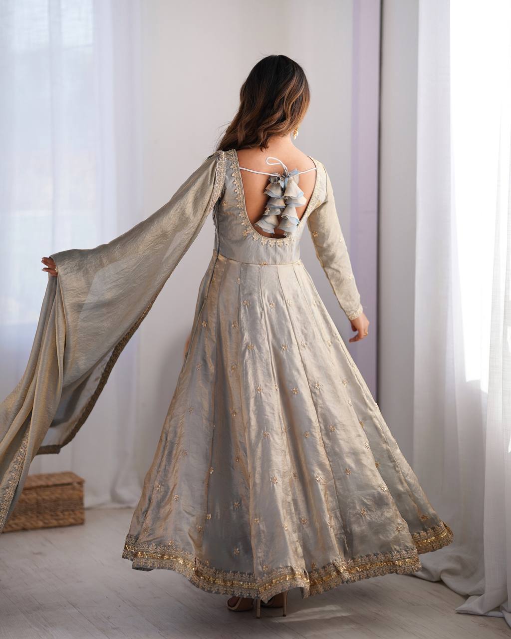 Elegant Fandy Silk Gown with Sequin Embroidery, Micro Pant and Matching Dupatta - Jaipuri Vastra