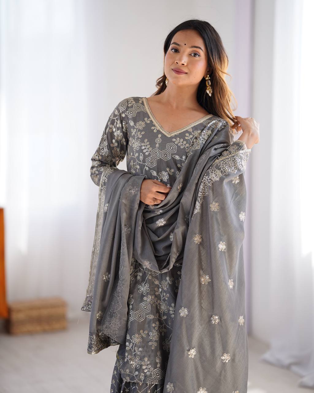Chinon Silk Thread and Sequin Work Sharara Set with Micro Inner and Dupatta - Jaipuri Vastra