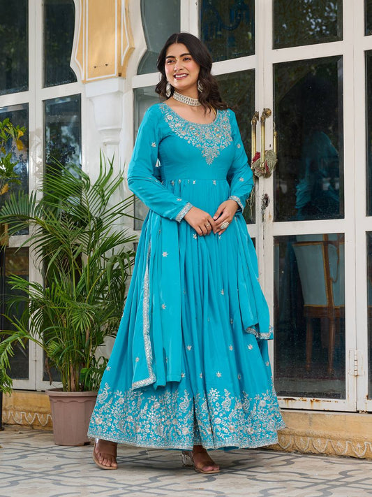 Premium American Silk Embroidered Gown with Plain Pant and Thread Work Dupatta - Jaipuri Vastra