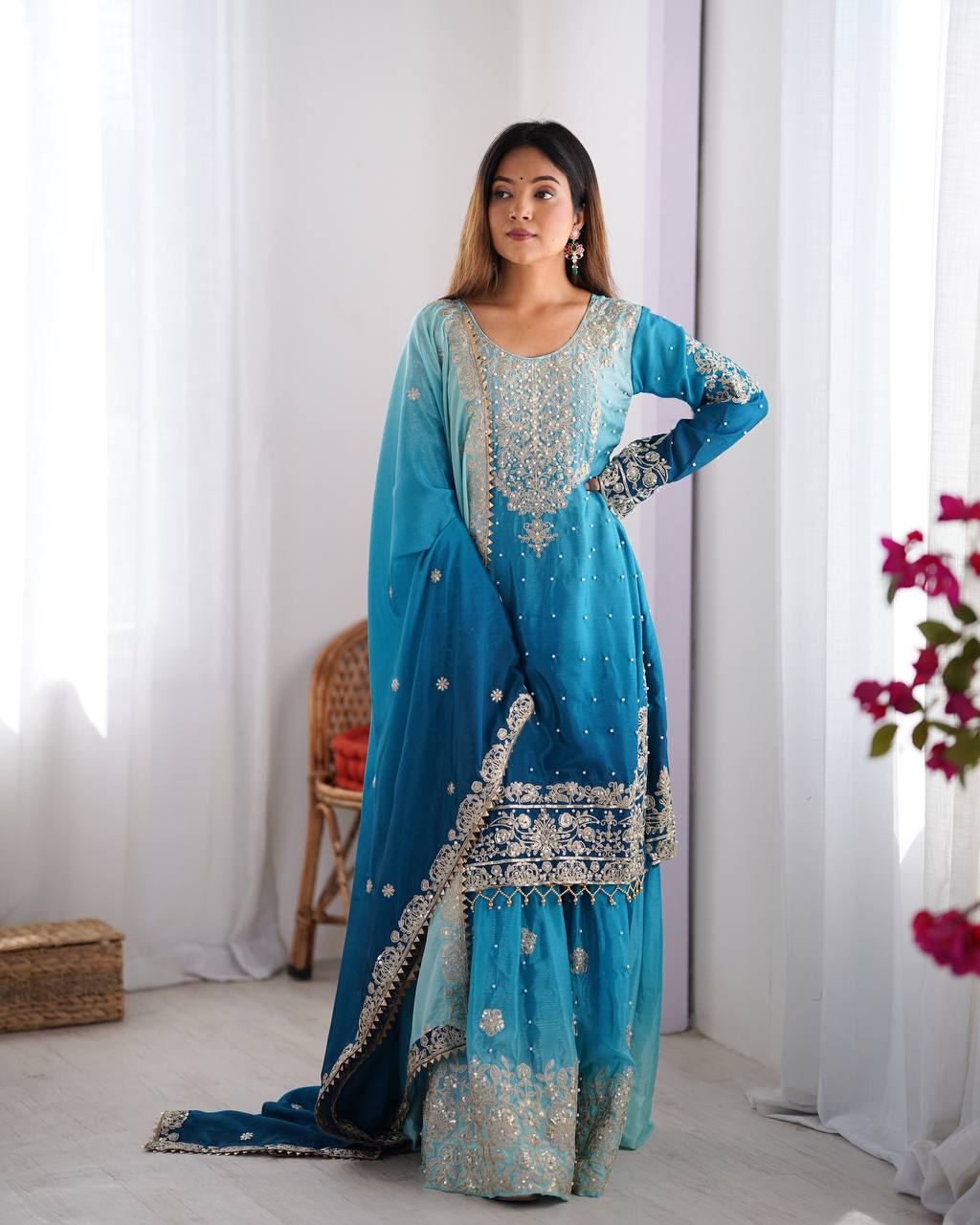 Elegant Chinon Silk Top with Coding Dori Sequin and Rivet Moti Work Plazzo Suit - Jaipuri Vastra