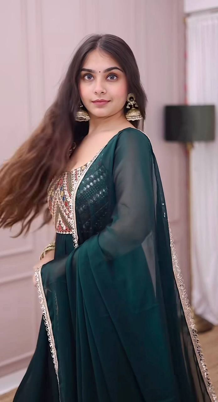 Exclusive Party Wear Georgette Gown with Embroidered Yoke & Golden Lace Dupatta