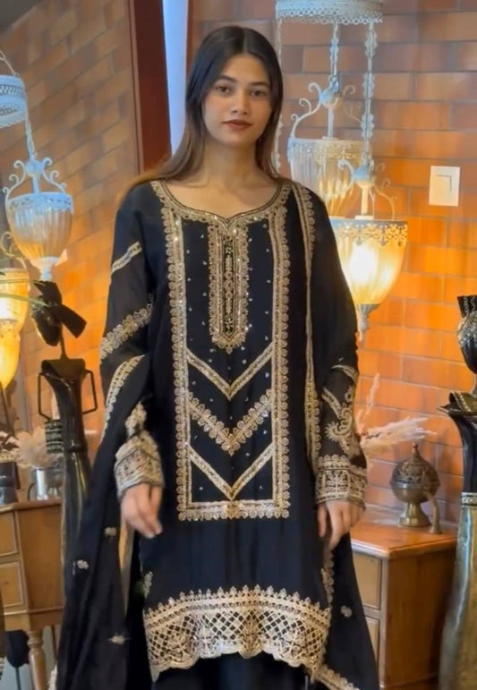 Premium Designer Look in Heavy Fox Georgette β Embroidered Top, Plazzo with Elastic Waist & Matching Dupatta