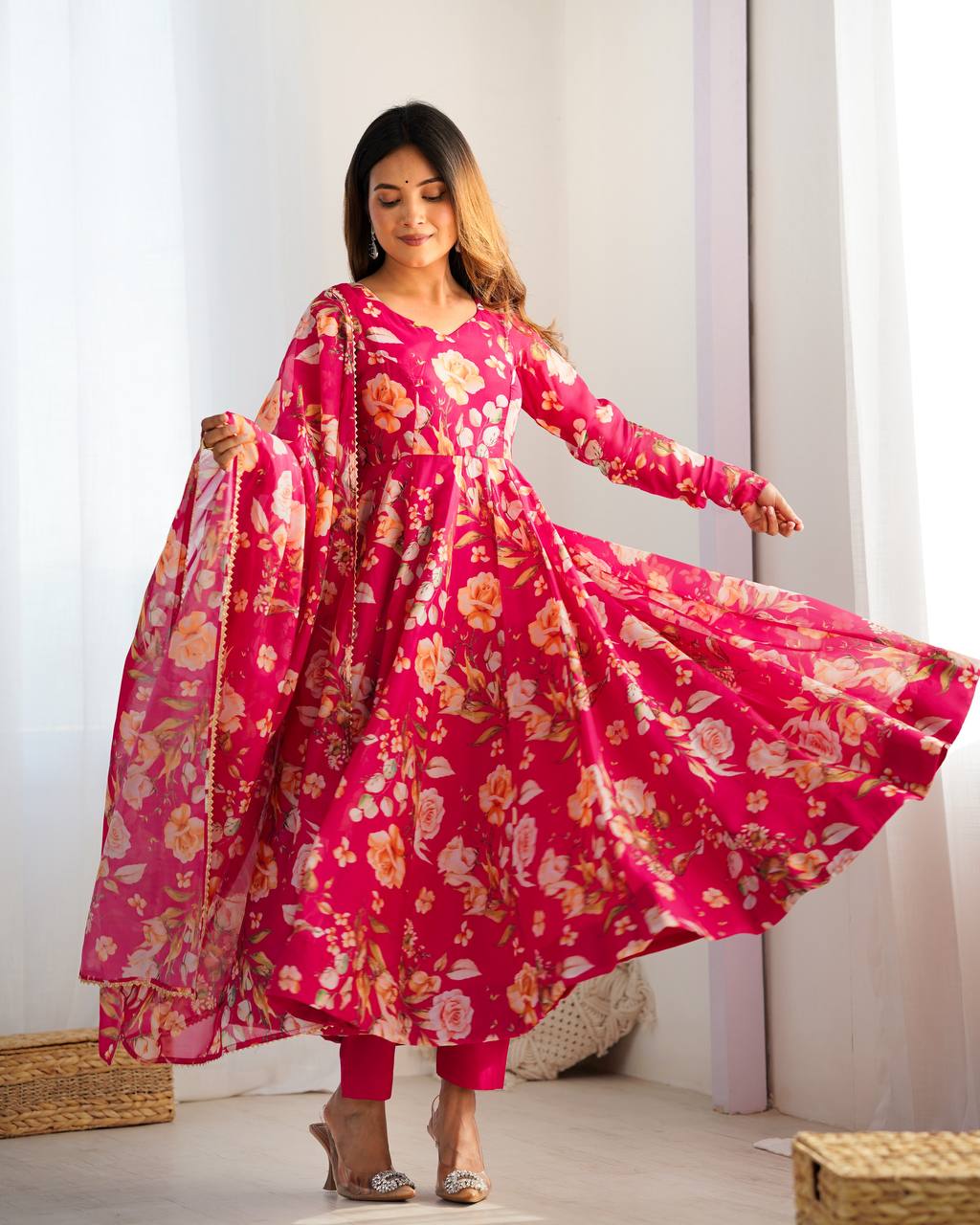 Premium Organza Silk Full-Flare Anarkali with Canvas Trim and Coordinated Dupatta & Pant - Jaipuri Vastra