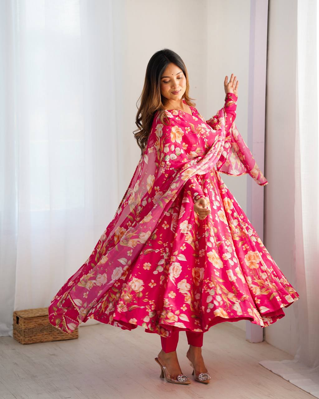 Premium Organza Silk Full-Flare Anarkali with Canvas Trim and Coordinated Dupatta & Pant - Jaipuri Vastra