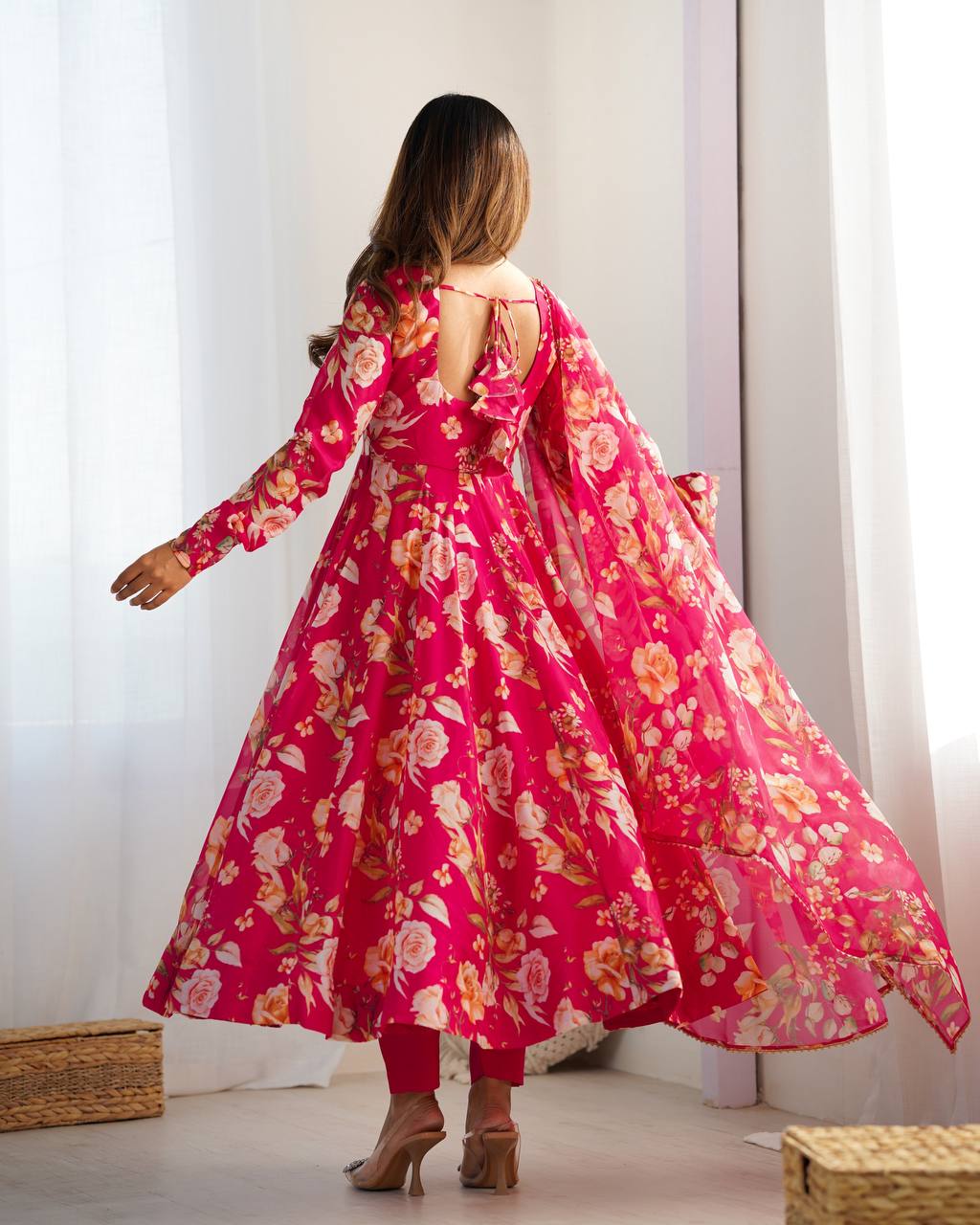 Premium Organza Silk Full-Flare Anarkali with Canvas Trim and Coordinated Dupatta & Pant - Jaipuri Vastra