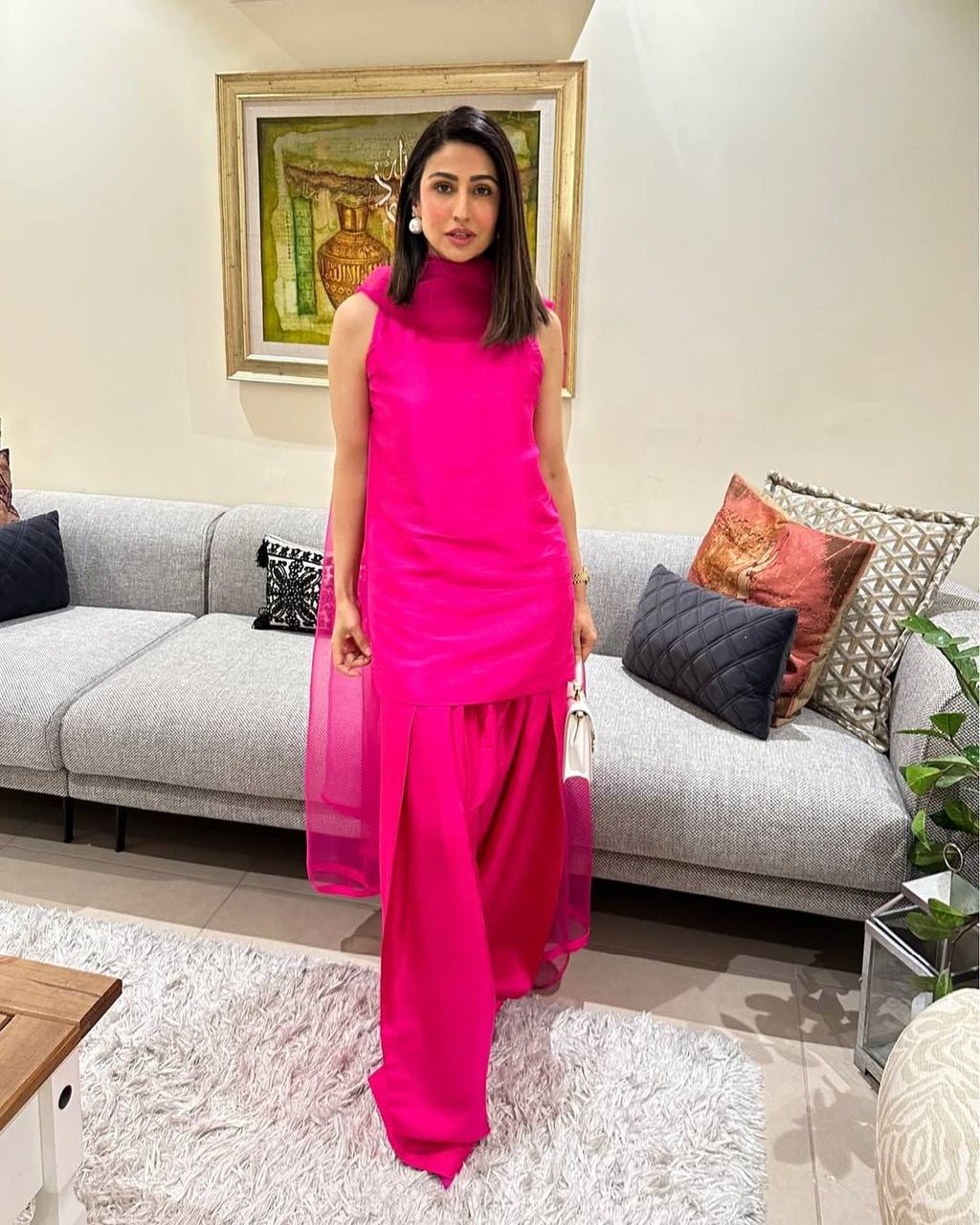 Exclusive Party Wear Fendi Silk Farsi Suit with Embellished Top, Matching Bottom, and Elegant Dupatta