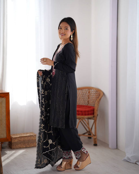 Premium Chinon Silk Embroidered Top with Micro Inner, Pant, and Dupatta - Jaipuri Vastra