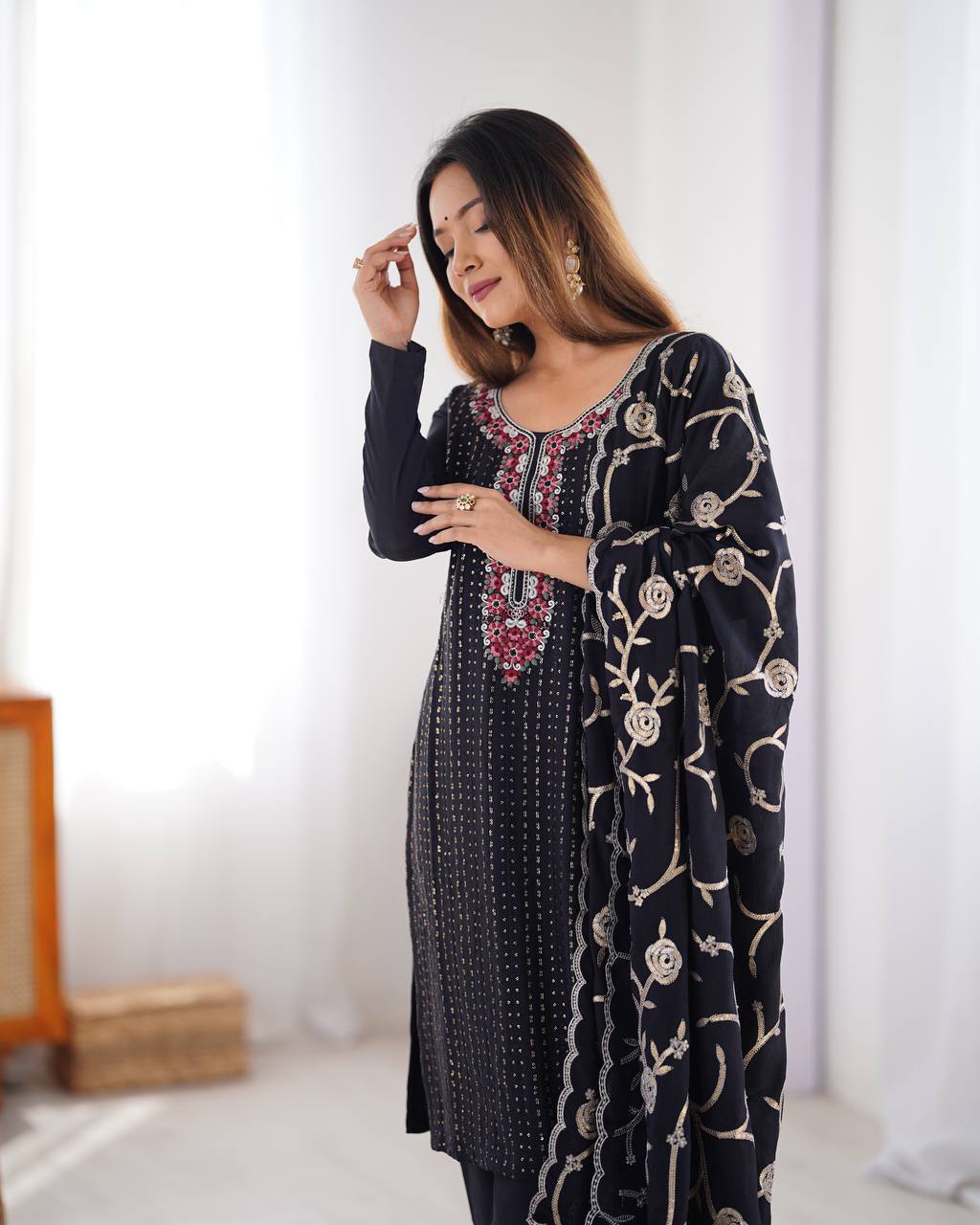 Premium Chinon Silk Embroidered Top with Micro Inner, Pant, and Dupatta - Jaipuri Vastra