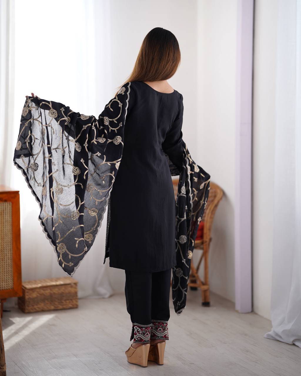 Premium Chinon Silk Embroidered Top with Micro Inner, Pant, and Dupatta - Jaipuri Vastra