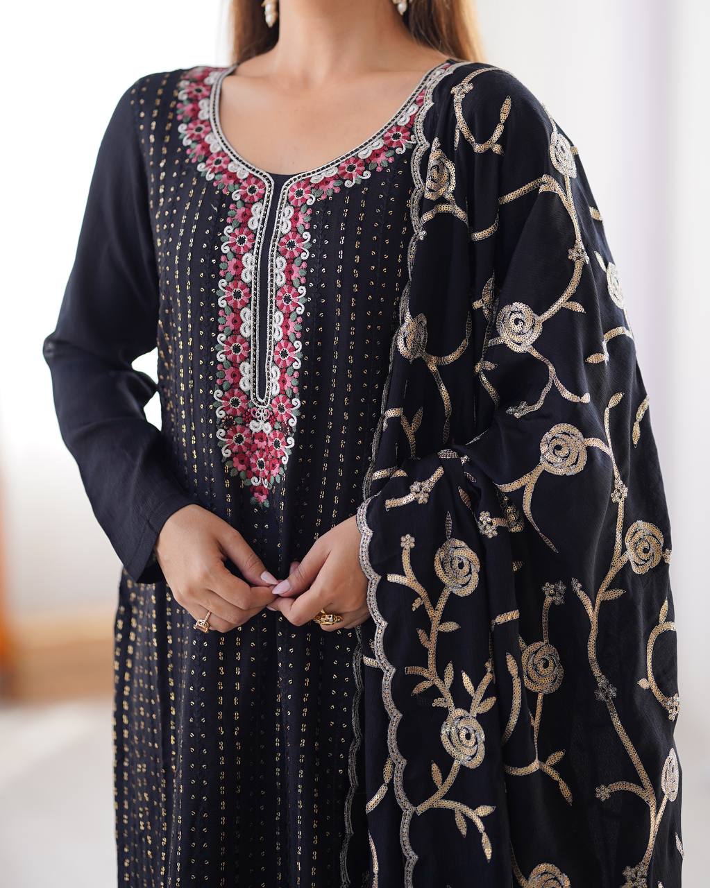 Premium Chinon Silk Embroidered Top with Micro Inner, Pant, and Dupatta - Jaipuri Vastra