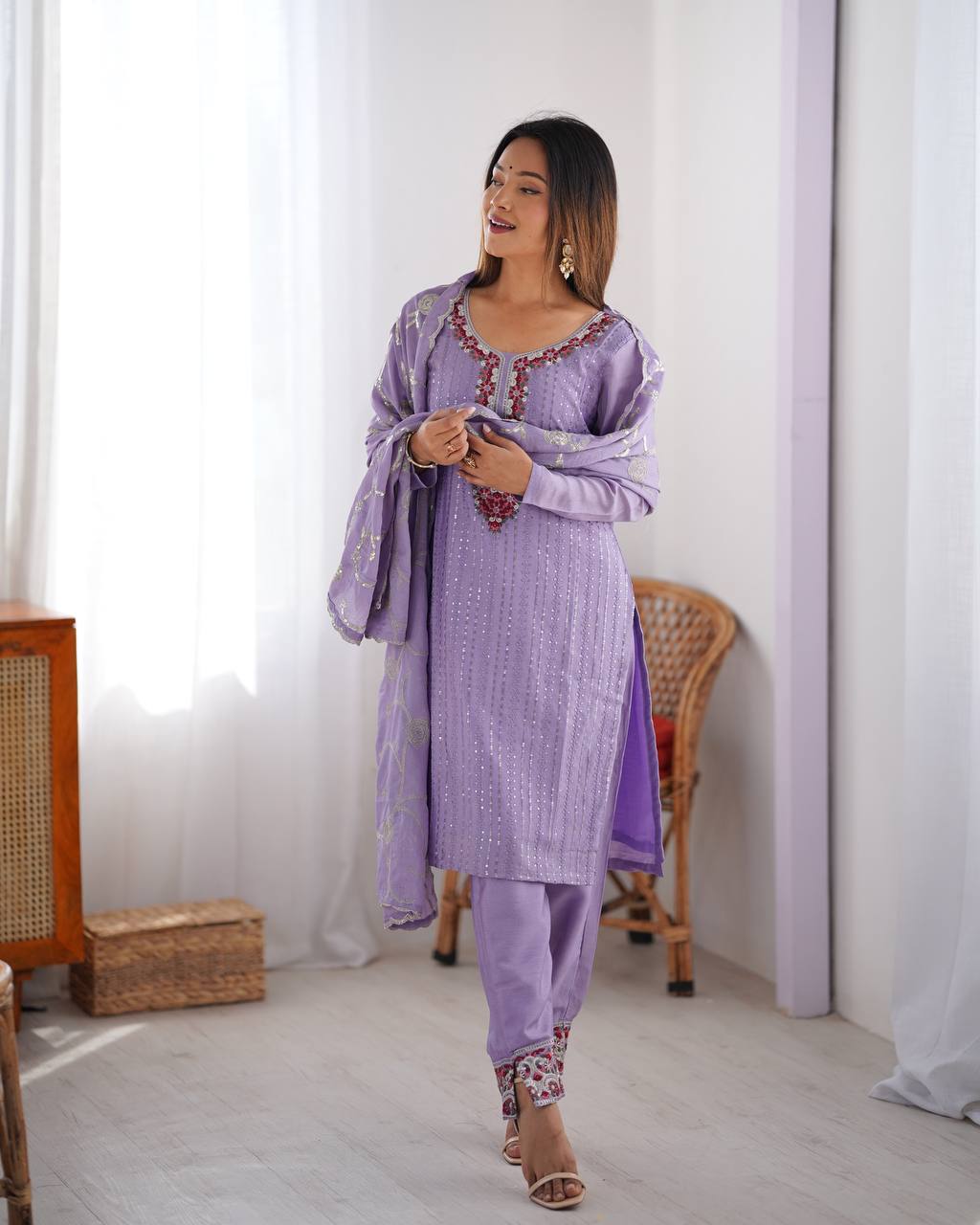 Premium Chinon Silk Embroidered Top with Micro Inner, Pant, and Dupatta - Jaipuri Vastra