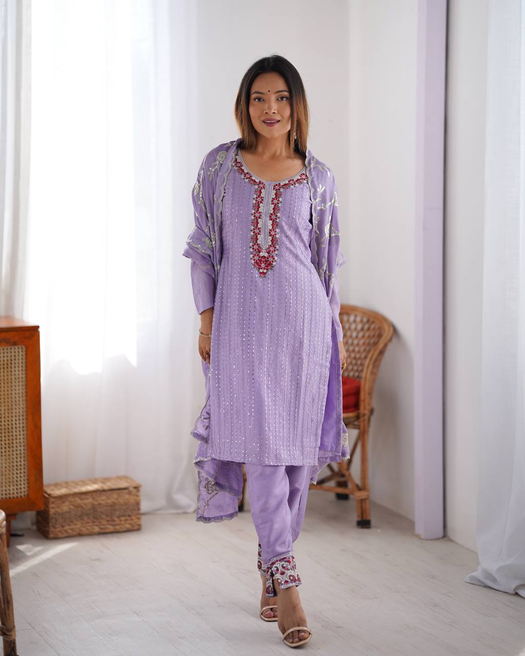 Premium Chinon Silk Embroidered Top with Micro Inner, Pant, and Dupatta - Jaipuri Vastra
