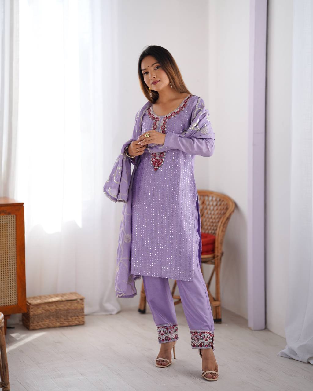 Premium Chinon Silk Embroidered Top with Micro Inner, Pant, and Dupatta - Jaipuri Vastra