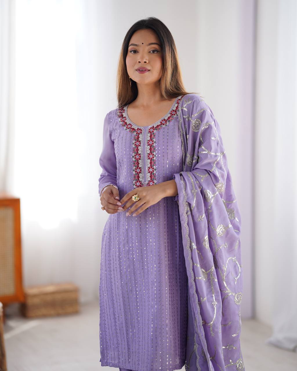 Premium Chinon Silk Embroidered Top with Micro Inner, Pant, and Dupatta - Jaipuri Vastra