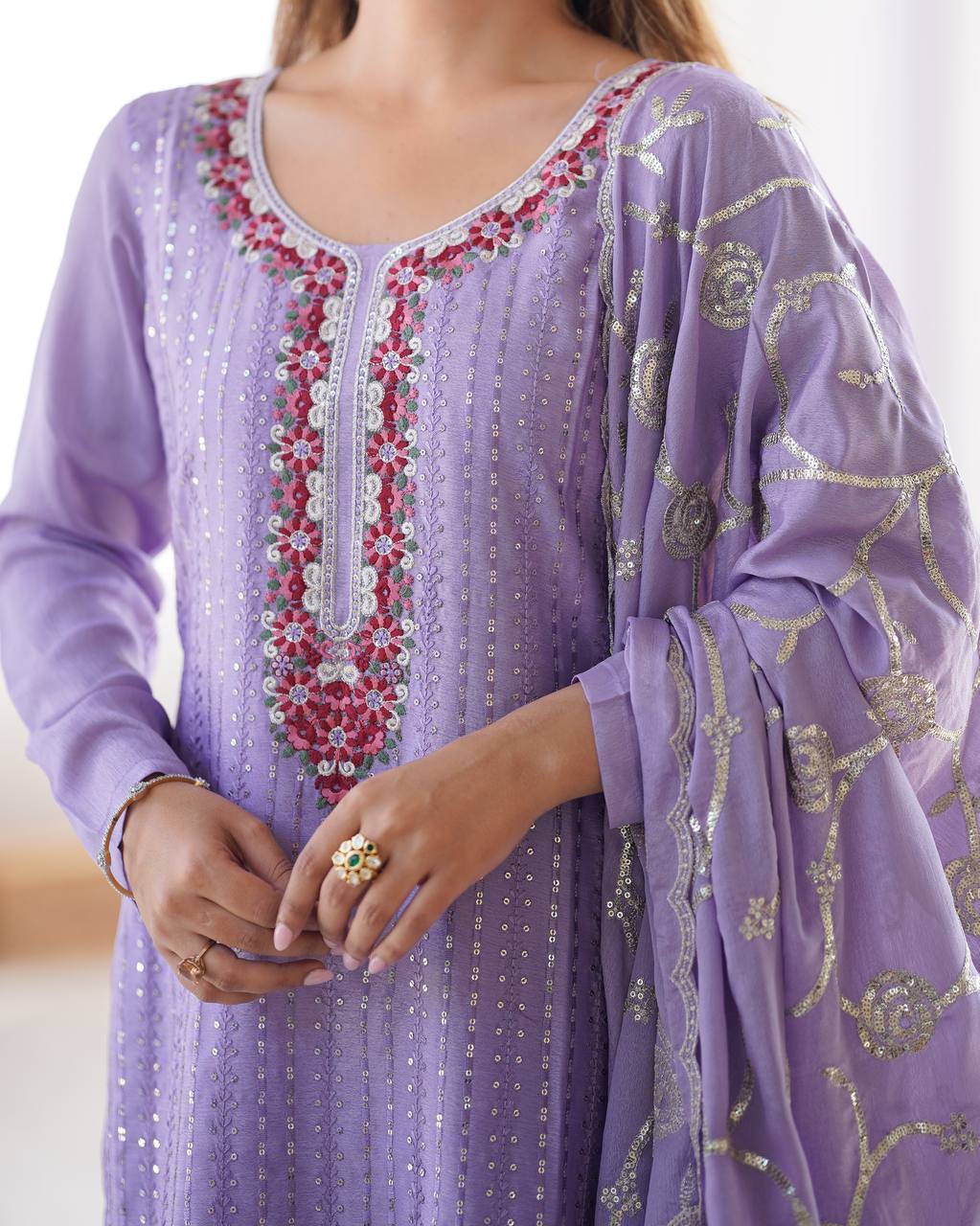 Premium Chinon Silk Embroidered Top with Micro Inner, Pant, and Dupatta - Jaipuri Vastra