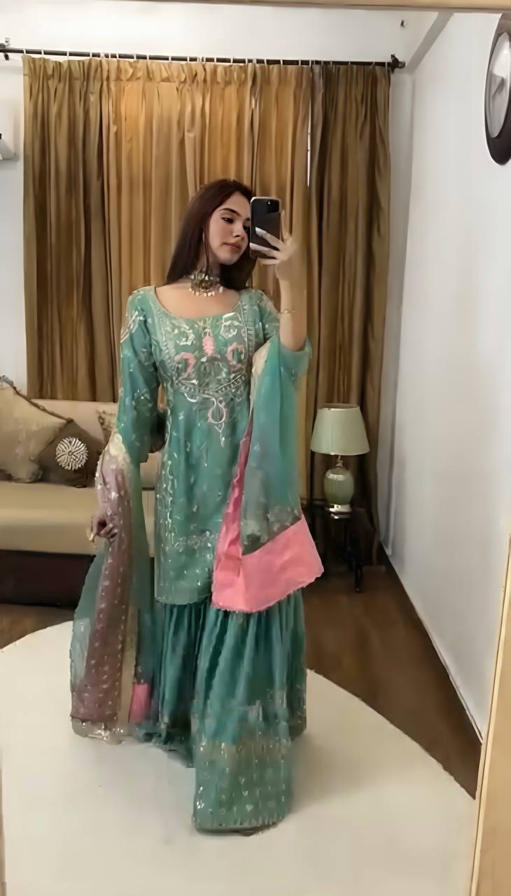 New Designer Party Wear Look Top Plazzo and Dupatta with Heavy Embroidery Work - Jaipuri Vastra