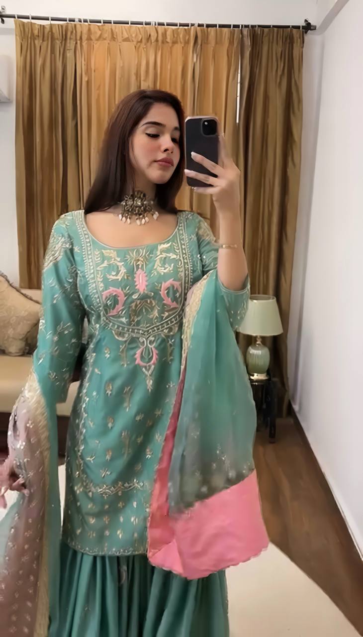 New Designer Party Wear Look Top Plazzo and Dupatta with Heavy Embroidery Work - Jaipuri Vastra