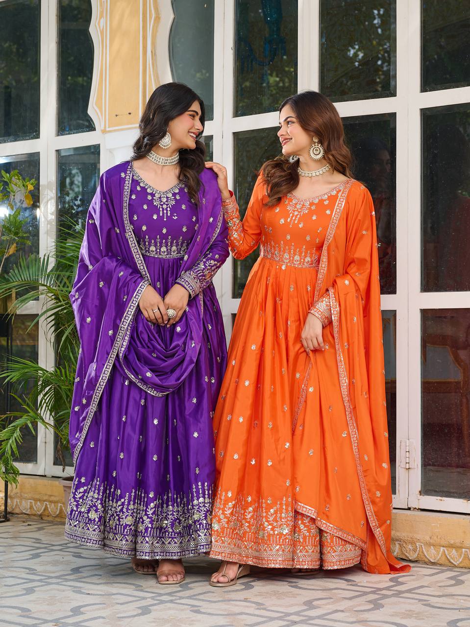 Elegant American Silk Gown with Thread and Sequin Work, Pant and Matching Dupatta - Jaipuri Vastra