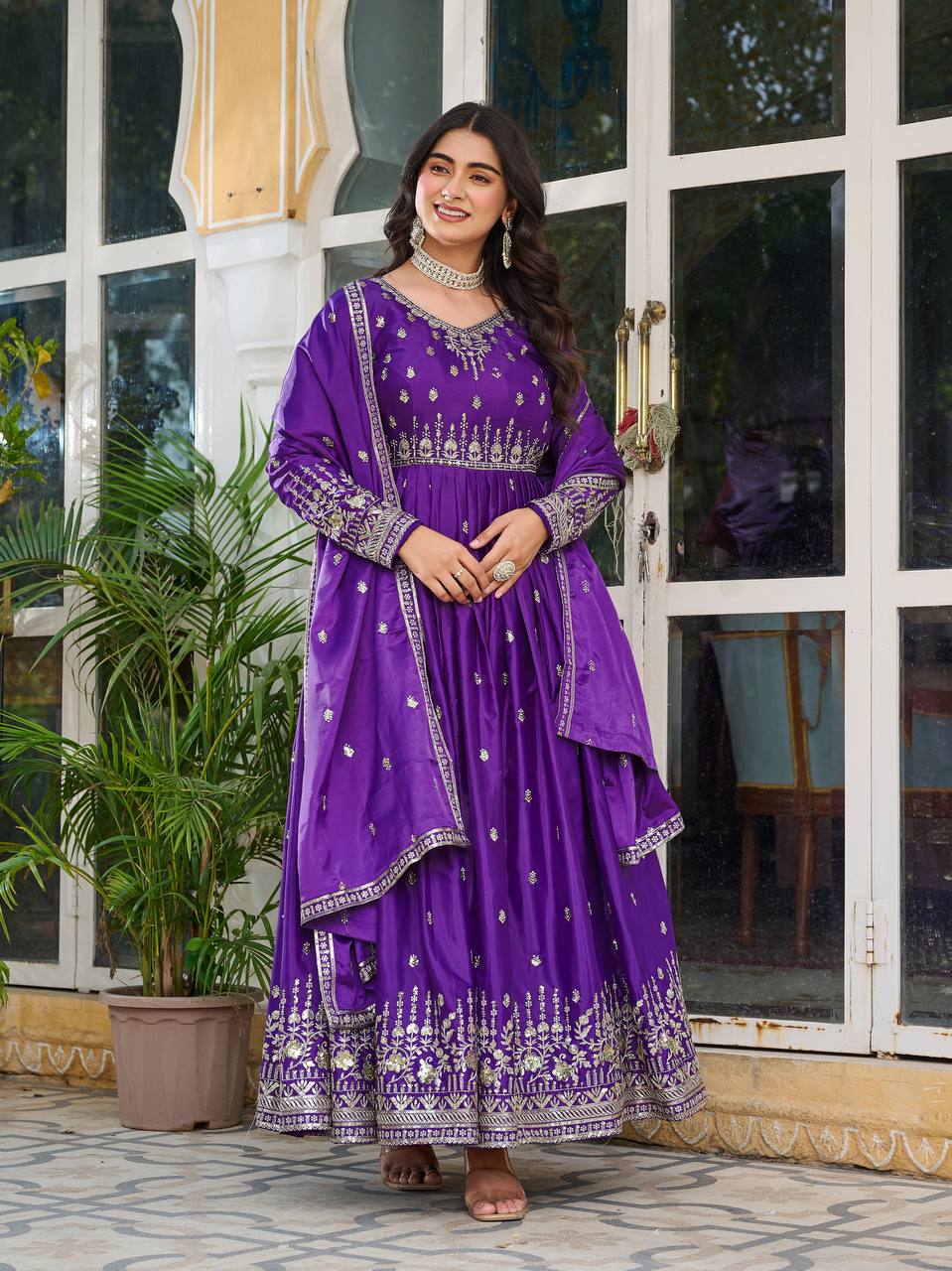 Elegant American Silk Gown with Thread and Sequin Work, Pant and Matching Dupatta - Jaipuri Vastra