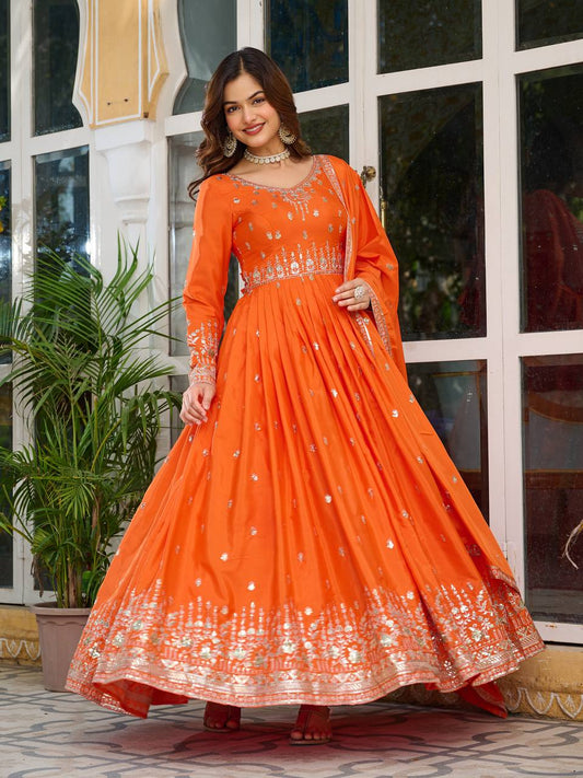 Elegant American Silk Gown with Thread and Sequin Work, Pant and Matching Dupatta - Jaipuri Vastra
