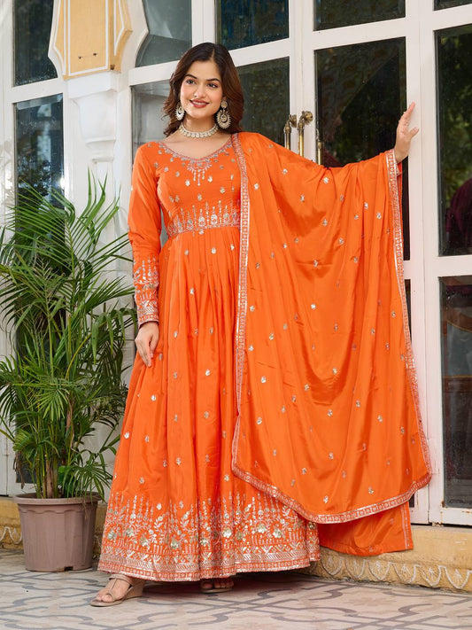 Elegant American Silk Gown with Thread and Sequin Work, Pant and Matching Dupatta - Jaipuri Vastra