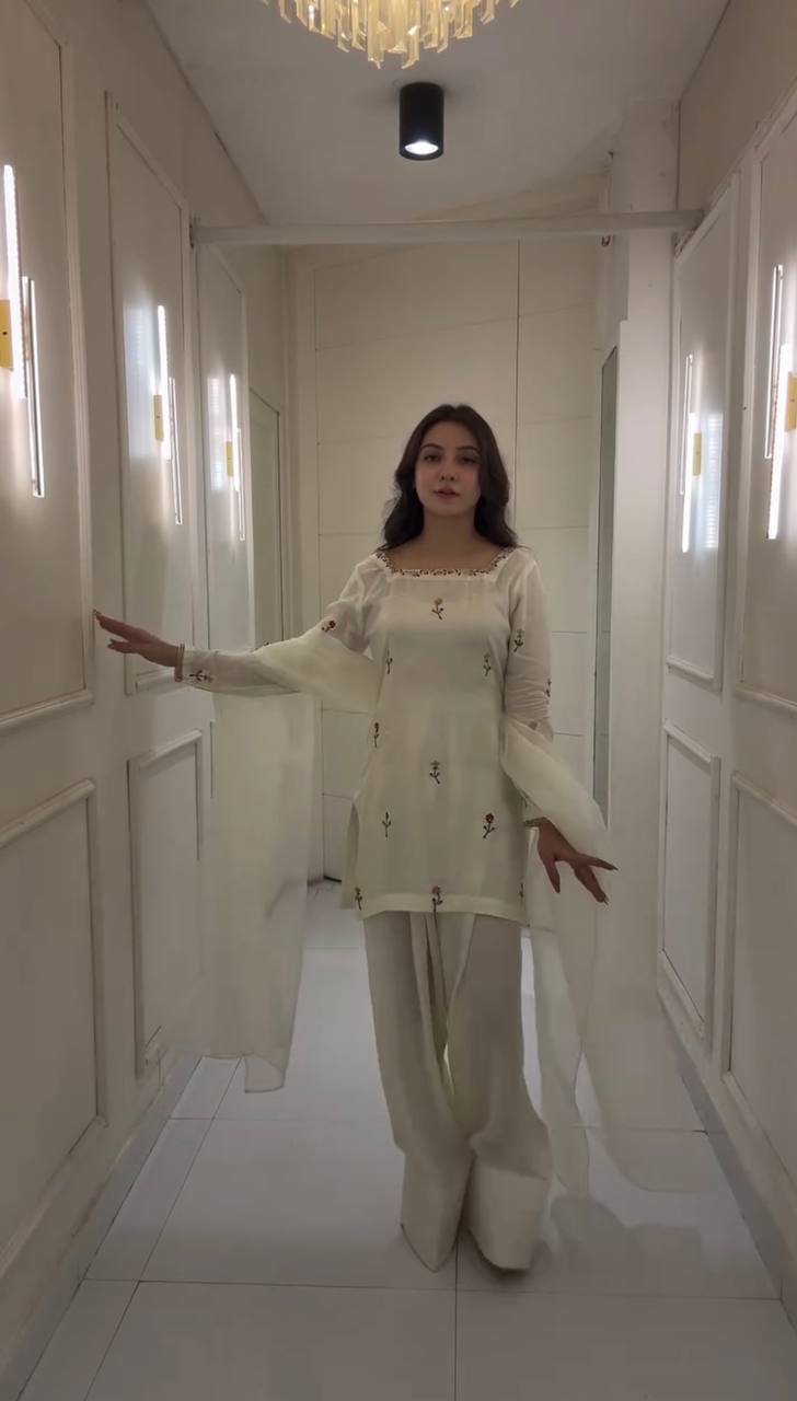Elegant Chinnon Silk Designer Set with Embroidery Work Top Bottom and Dupatta Fully Stitched - Jaipuri Vastra