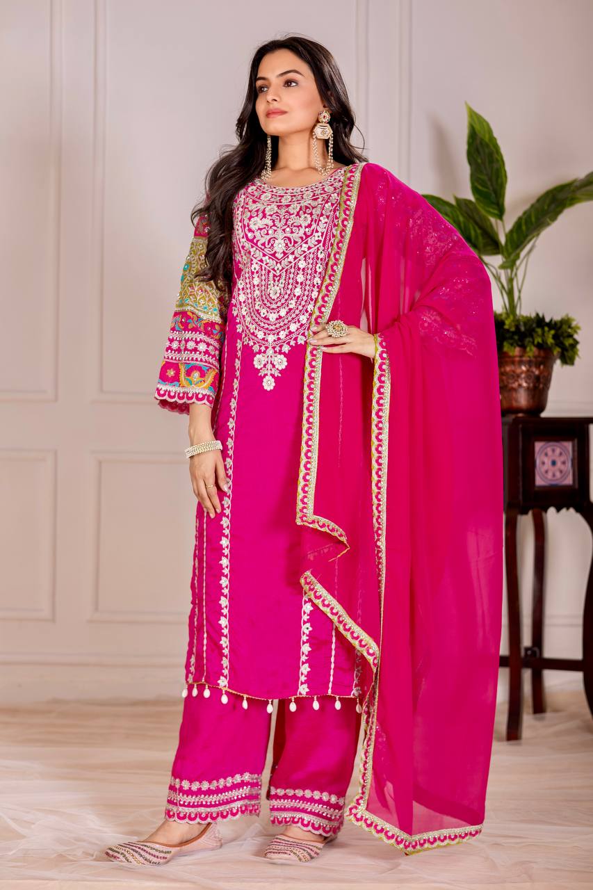 Stylish Designer Suit Set Featuring Mirror and Sequence Embroidery on Vichitra Silk Top and Palazzo - Jaipuri Vastra