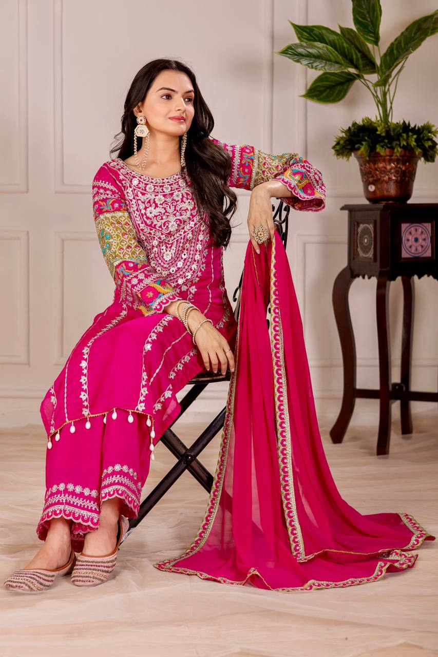 Stylish Designer Suit Set Featuring Mirror and Sequence Embroidery on Vichitra Silk Top and Palazzo - Jaipuri Vastra