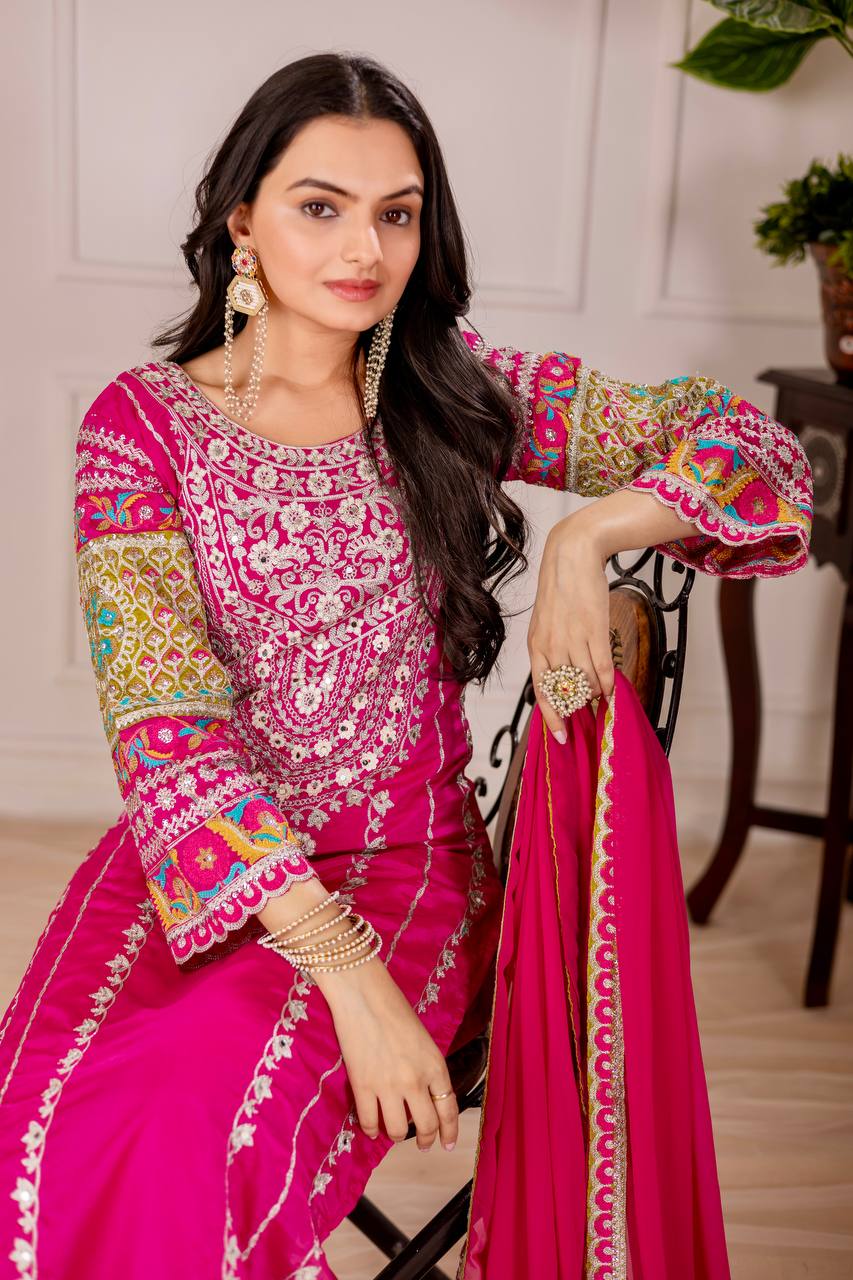 Stylish Designer Suit Set Featuring Mirror and Sequence Embroidery on Vichitra Silk Top and Palazzo - Jaipuri Vastra
