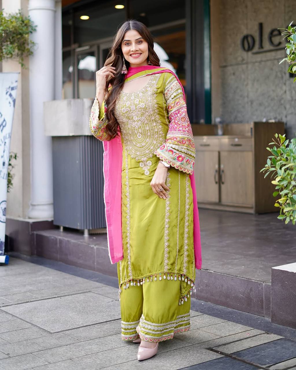Stylish Designer Suit Set Featuring Mirror and Sequence Embroidery on Vichitra Silk Top and Palazzo - Jaipuri Vastra