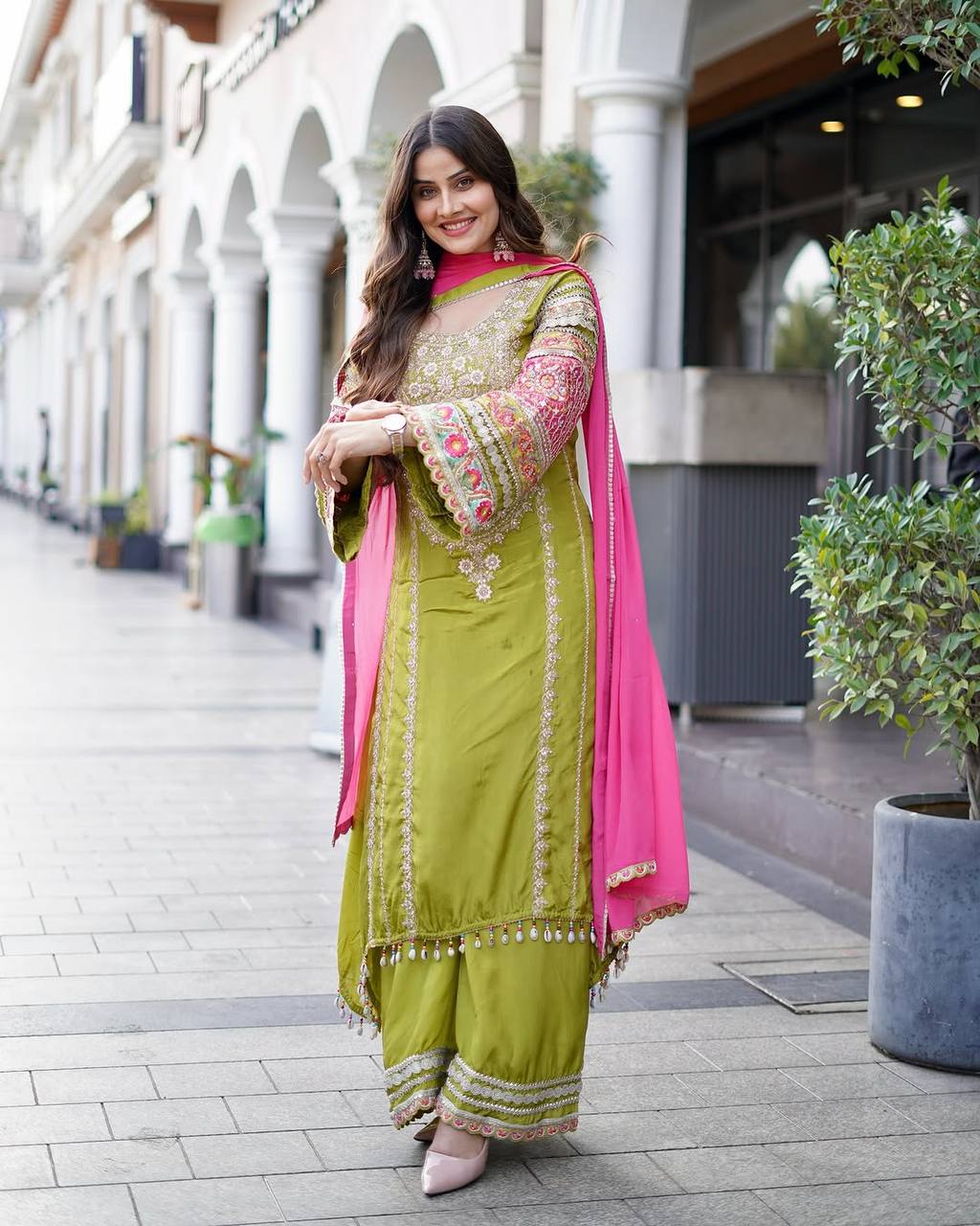 Stylish Designer Suit Set Featuring Mirror and Sequence Embroidery on Vichitra Silk Top and Palazzo - Jaipuri Vastra