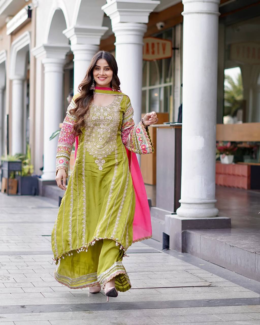 Stylish Designer Suit Set Featuring Mirror and Sequence Embroidery on Vichitra Silk Top and Palazzo - Jaipuri Vastra
