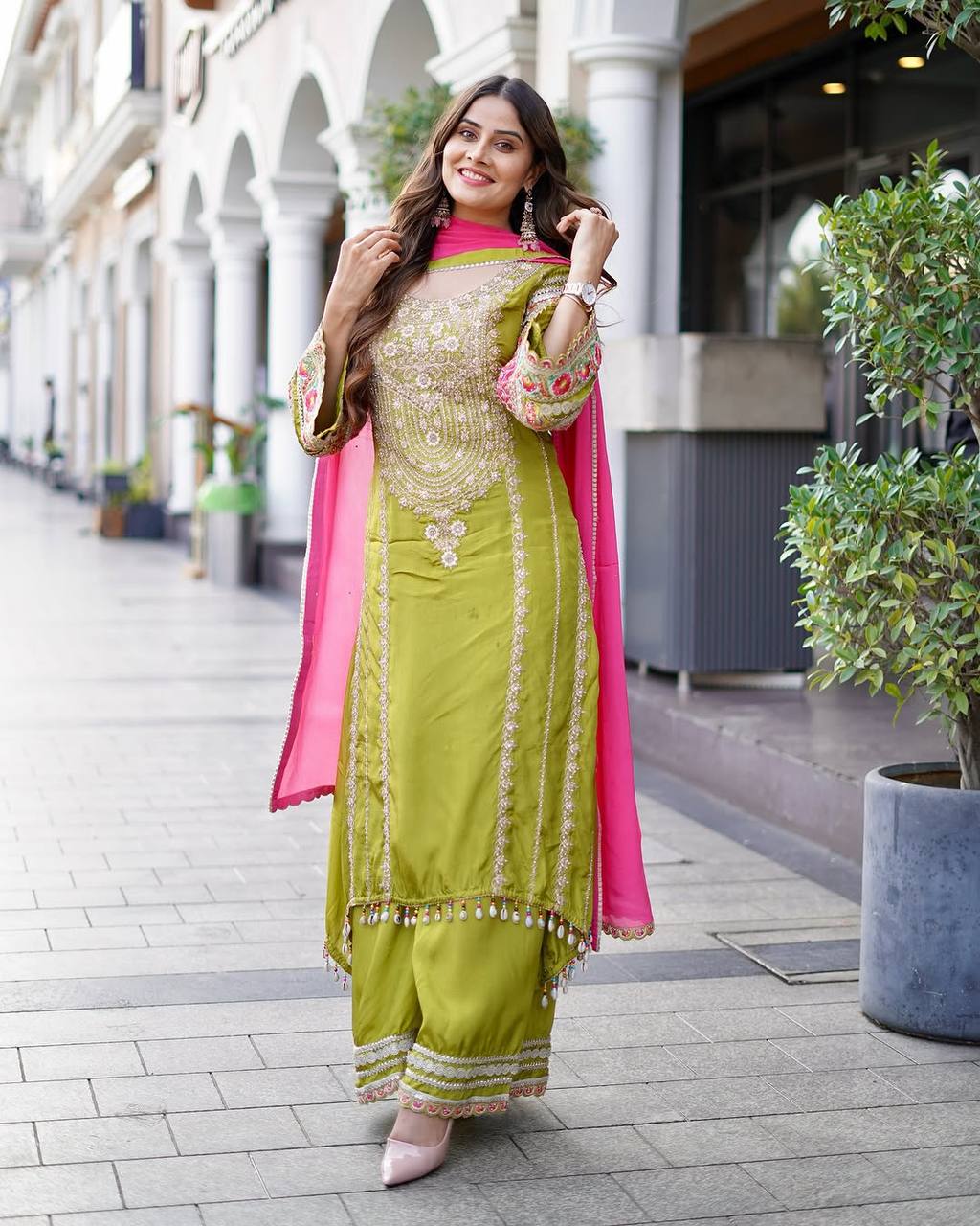 Stylish Designer Suit Set Featuring Mirror and Sequence Embroidery on Vichitra Silk Top and Palazzo - Jaipuri Vastra