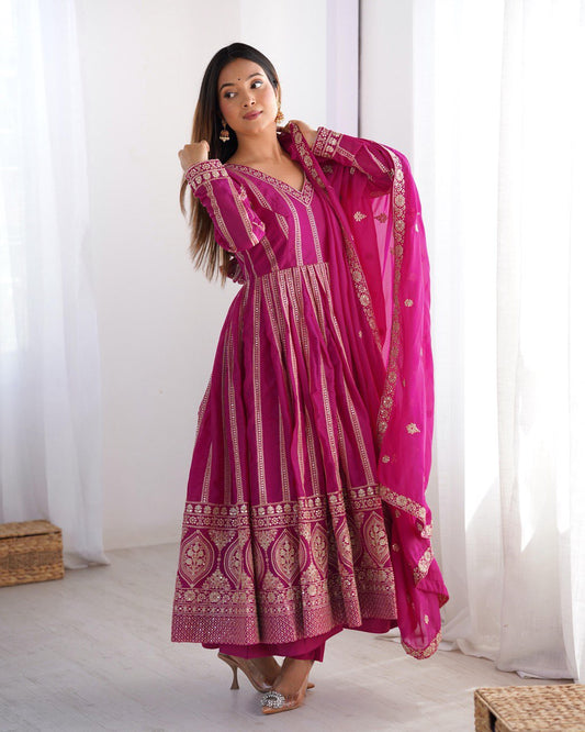 Elegant Star Georgette Embroidered Gown with Plain Pant and Thread Work Dupatta - Jaipuri Vastra