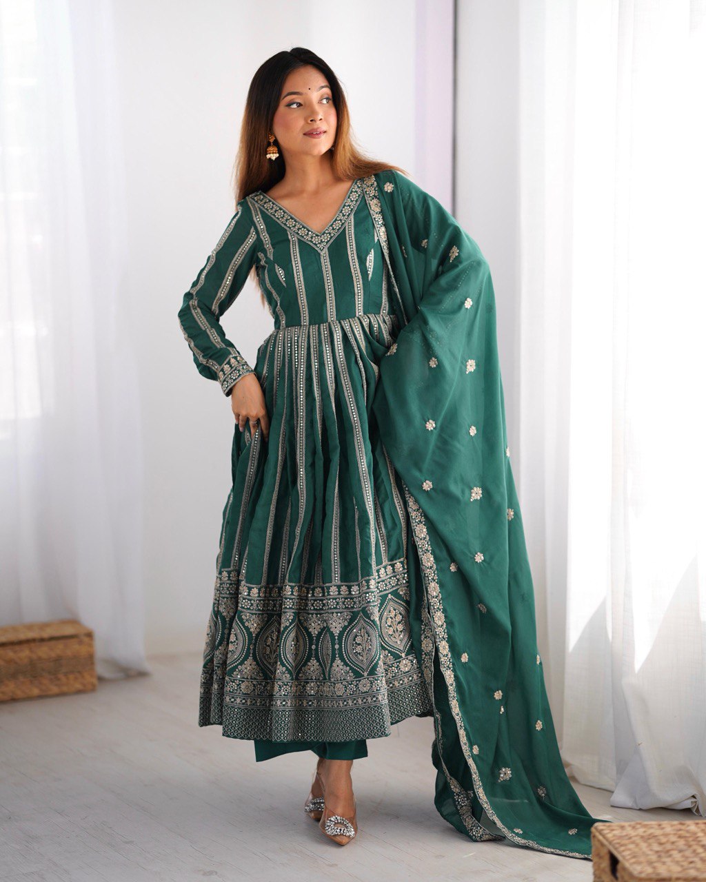 Elegant Star Georgette Embroidered Gown with Plain Pant and Thread Work Dupatta - Jaipuri Vastra