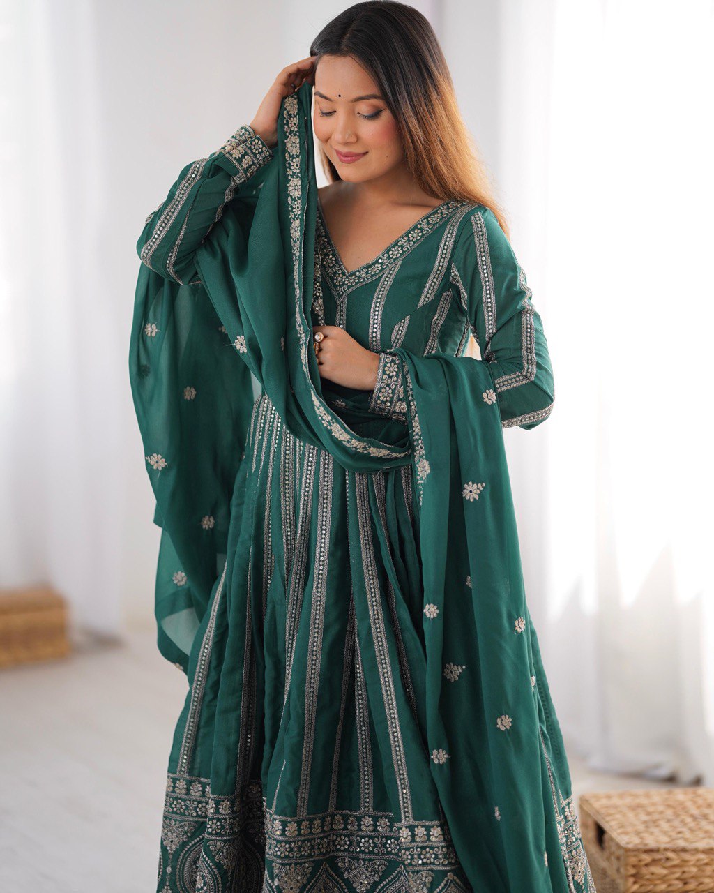 Elegant Star Georgette Embroidered Gown with Plain Pant and Thread Work Dupatta - Jaipuri Vastra