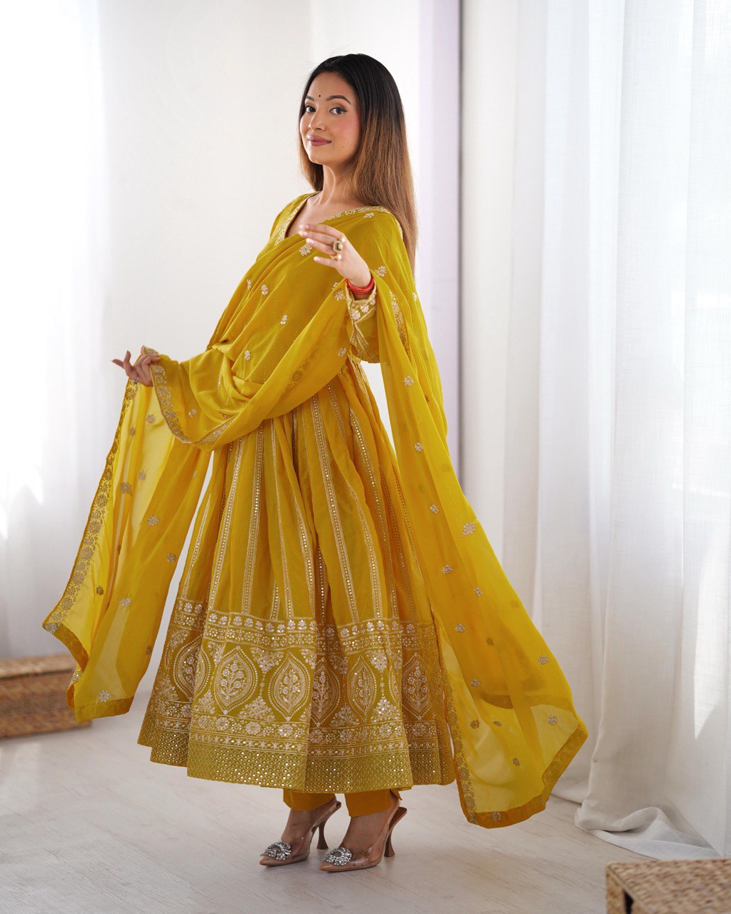 Elegant Star Georgette Embroidered Gown with Plain Pant and Thread Work Dupatta - Jaipuri Vastra